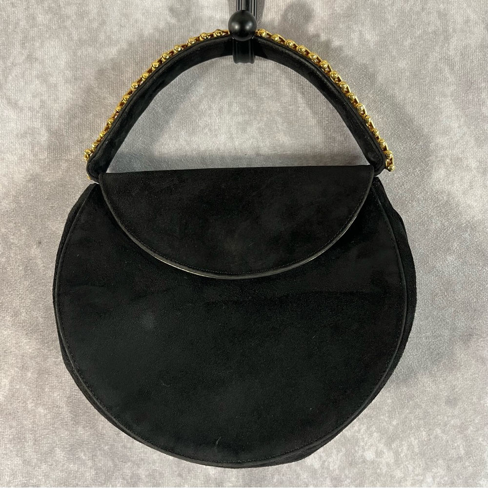Pam Italian Hand Bag Black Velvet Gold Metal Accent Handle Evening Small Purse - Picture 1 of 11